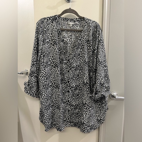 Catherine’s Button Down Top Women’s 3X Cheetah Print Black White 3/4 Sleeve - Picture 1 of 13